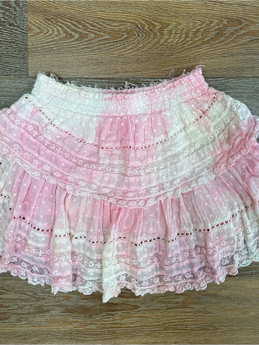 LoveShackFancy Pink and Cream Tiered Lace Mini Skirt